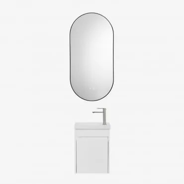 Conjunto De Móvel De Casa De Banho Suspenso Em Madeira Com Lavatório Integrado Narek Branco & Ovale Led E Antifog Preto 50x100 Cm Asteiro & Cinzento E