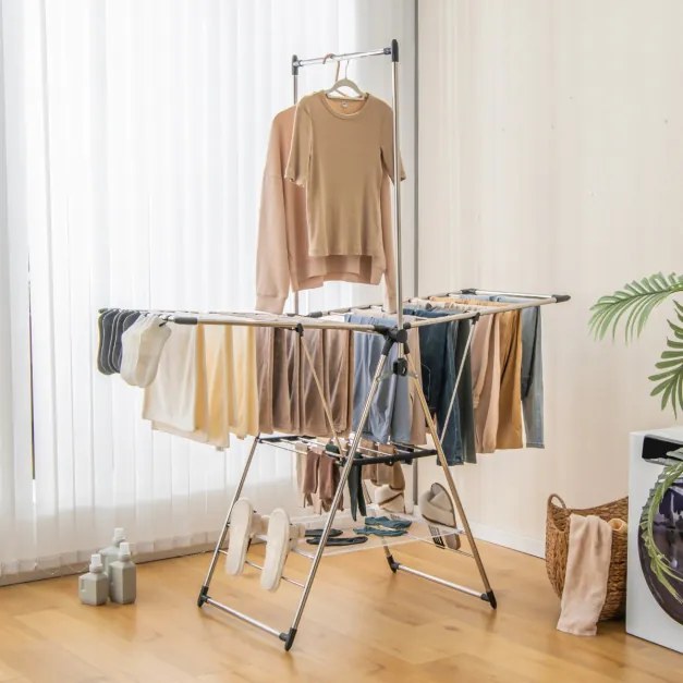 Estendal de roupa dobrável ​​de alumínio de 6 camadas para roupas estilo asa de gaivota airer com altura ajustável e clipes laterais prateado