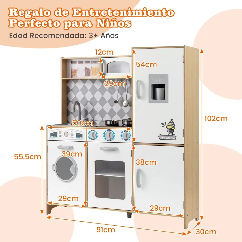 Cozinha de brincar em madeira 91 x 30 x 102 cm com máquina de gelo, fogão, máquina de lavar, forno, micro-ondas, sons e luzes reais para crianças com