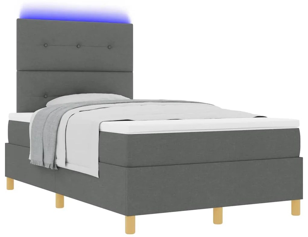 Cama Box Spring com Colchão &amp; LED Cinza Escuro 120x190 cm Tecido