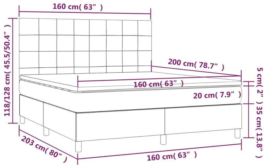 Cama box spring c/ colchão e LED 160x200 cm tecido cinza-escuro