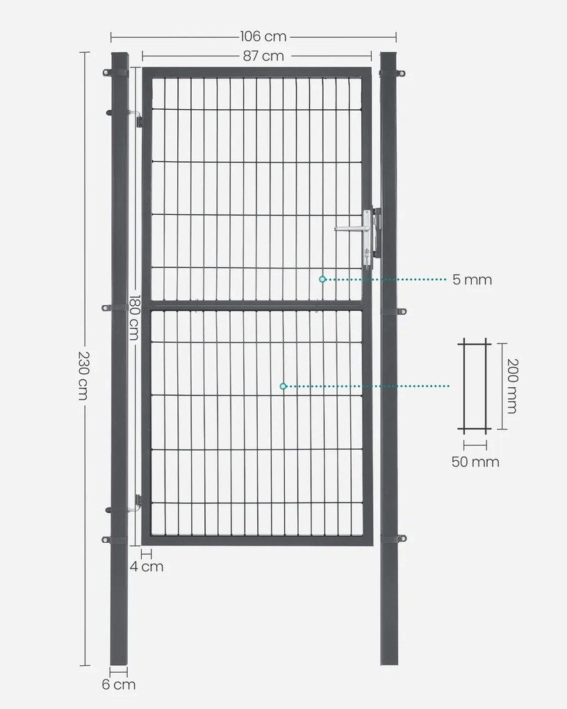Portão de jardim com fechadura, 106 x 180 cm, em aço galvanizado cinzento