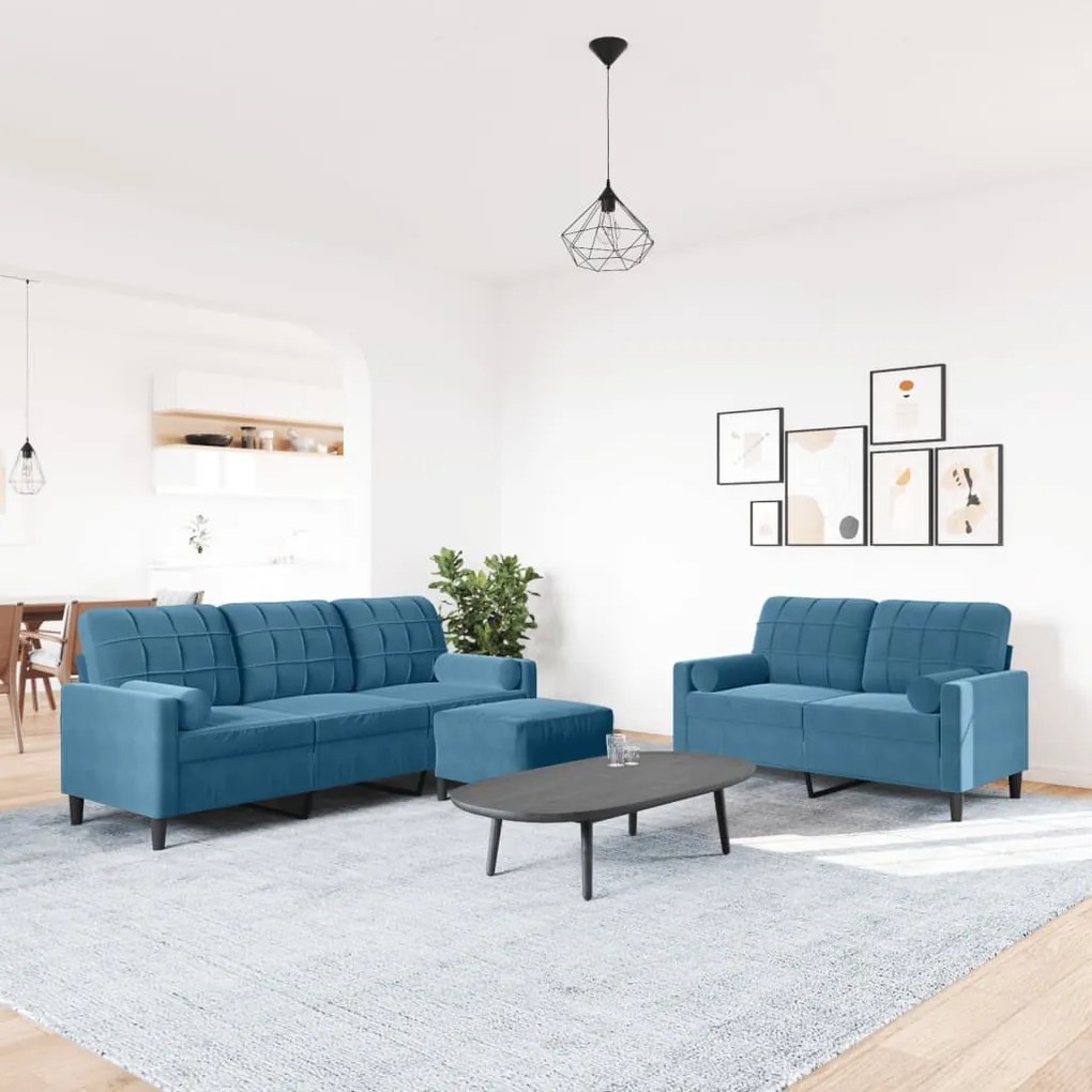 3 pcs conjunto de sofás com almofadões e rolos veludo azul