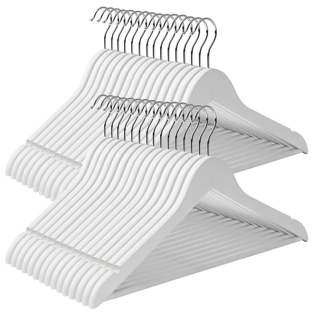Cabides de madeira SONGMICS, 30 peças, cabide com ranhuras nos ombros, barra antiderrapante para calças e gancho giratório 360°, para camisas e casacos completos, branco CRW031WT, padrão, madeira de bordo, metal