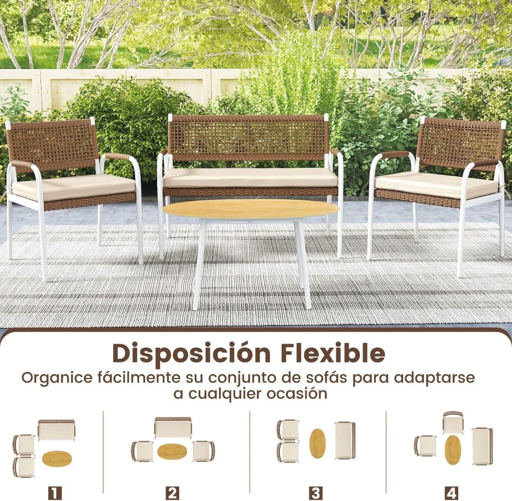 Conjunto de jardim de 4 peças: sofá de 2 lugares em rattan PE com 2 poltronas, almofadas e mesa em vidro temperado para varanda ou jardim, Castanho e