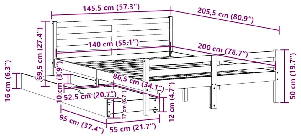 Cama sem colchão 140x200 cm madeira de pinho maciça