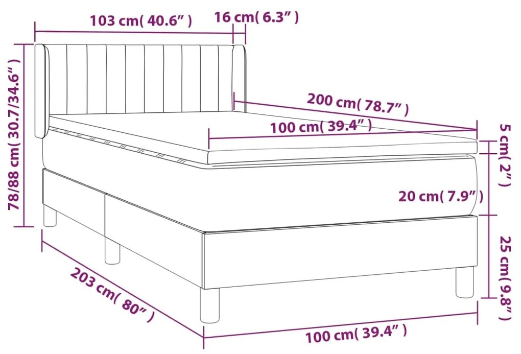 Cama com molas/colchão 100x200 cm veludo cinza-escuro