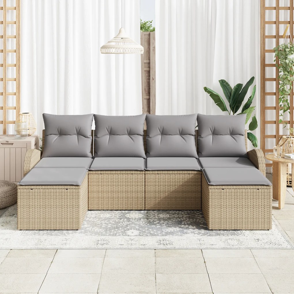 Conjunto de Sofá de Jardim 6 Peças com Almofadas Bege Vime Poliéster,