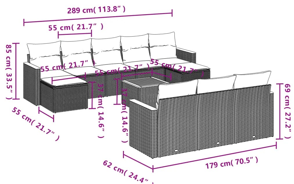 11 pcs conjunto sofás de jardim c/ almofadões vime PE bege