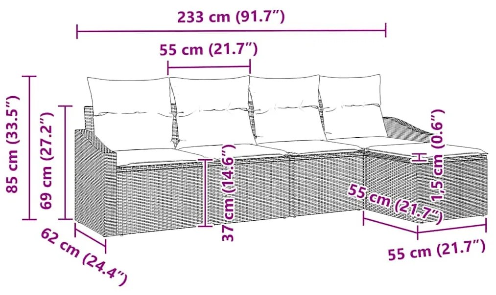 Conjunto de Sofá de Jardim com 5 Peças e Almofadas Pretas em Rattan Si