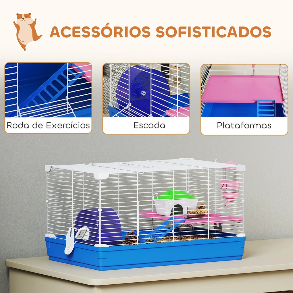 Gaiola para Hamster Casa para Roedores com Roda de Exercício Tigela Bebedouro Casinha Rampas para Gerbos 47x30x27 cm Azul