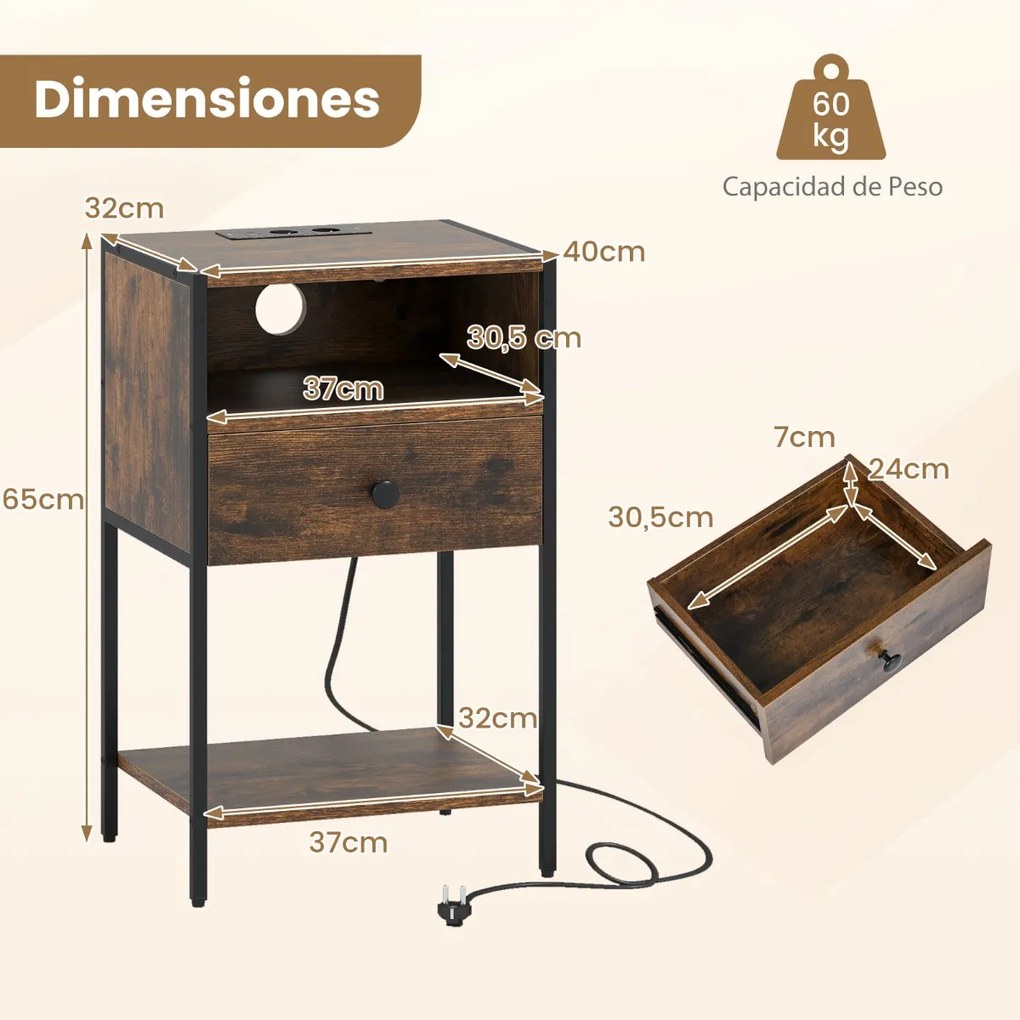 Conjunto de 2 mesas de cabeceira, mesas apoio 40 x 32 x 65 cm com Estação de carregamento, Compartimento aberto Gaveta Castanho Rústico
