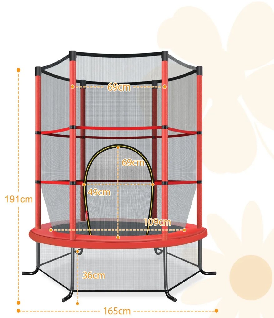 Trampolim para crianças 191 cm com rede de segurança e almofada para molas recreativas Estrutura em aço Vermelho