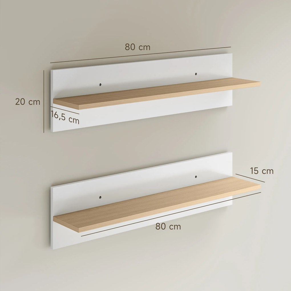 Conjunto de 2 prateleiras de parede de 80 cm, prateleiras suspensas para a sala de estar, hall de entrada, quarto e cozinha, em branco e madeira natur