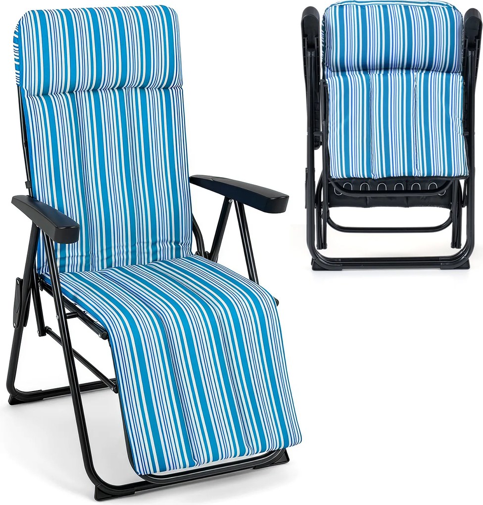 Espreguiçadeira de Jardim Dobrável, 59,5 x 79 x 112 cm, Encosto de 6 Posições, Azul + Branco
