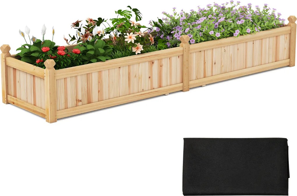 Floreira de jardim em madeira 227 cm x 59,5 cm x 40 cm com divisória Sistema de drenagem Forro não tecido para cultivar legumes e flores Natural