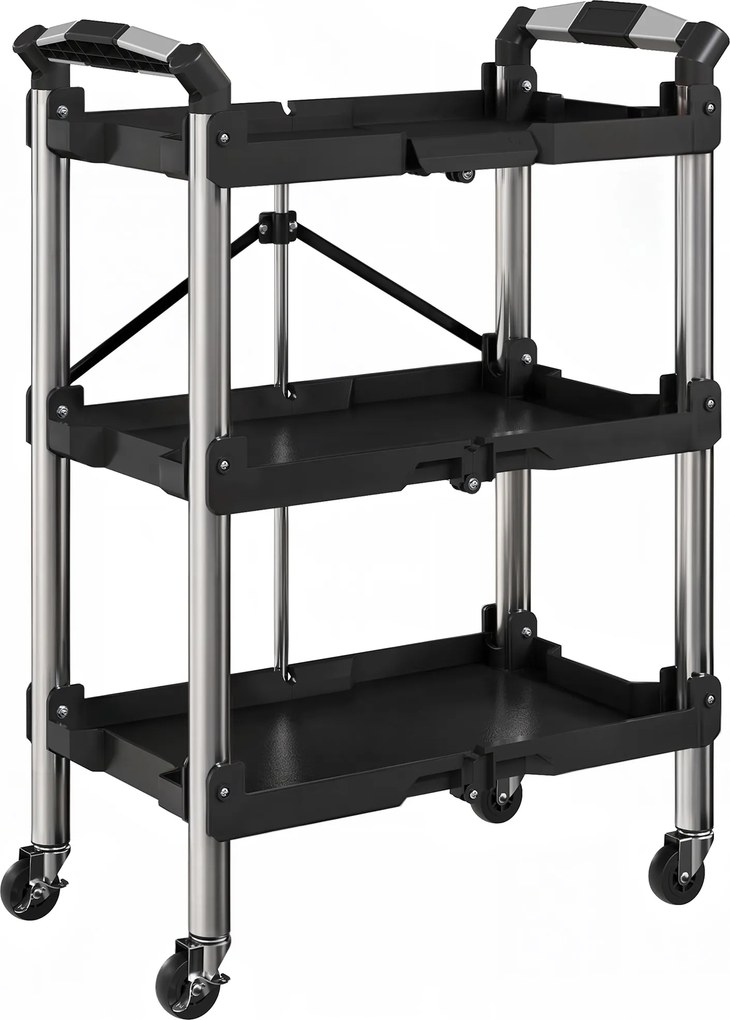 HOMCOM Trolley de ferramentas, carrinho de ferramentas dobrável de 3 níveis, plástico, aço, preto | Aosom Portugal