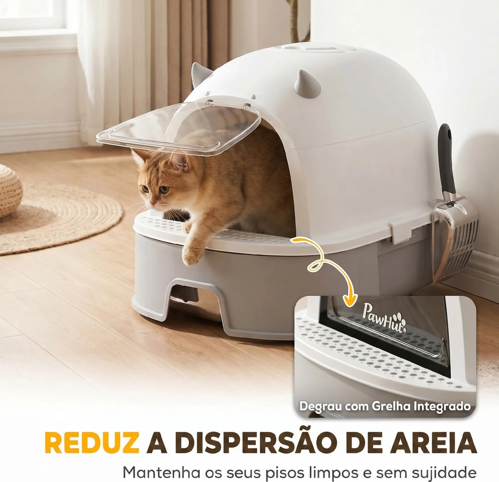 Caixa de Areia para Gatos L com Tampa Superior Removível Tabuleiro em Aço Inoxidável Porta Frontal e Pá Cinza