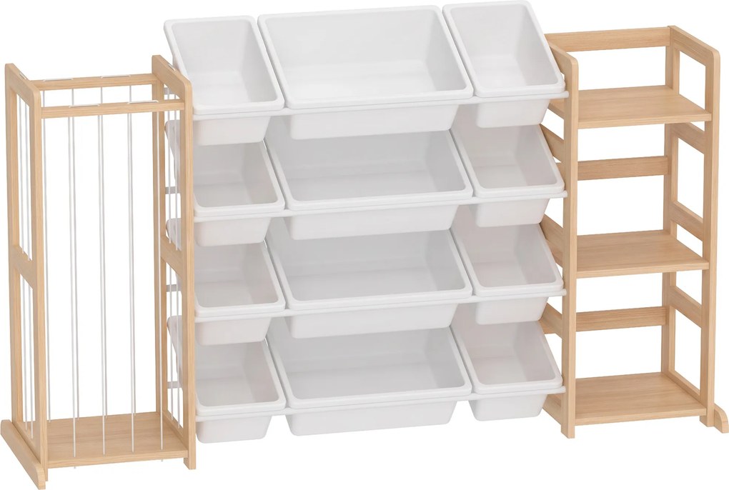 AIYAPLAY Estante Infantil para Brinquedos em Madeira com 12 Caixas, Organizador de Peluches e 3 Prateleiras 146x39,5x88 cm Natural | Aosom Portugal
