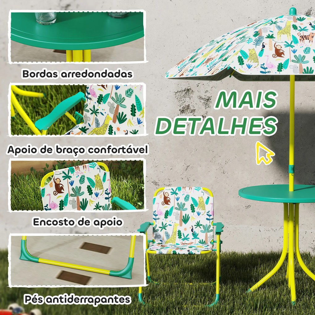 Conjunto de Assentos Infantis Conjunto de 4 Peças com Guarda-sol Removível Mesa Infantil com 2 Cadeiras Dobráveis Verde