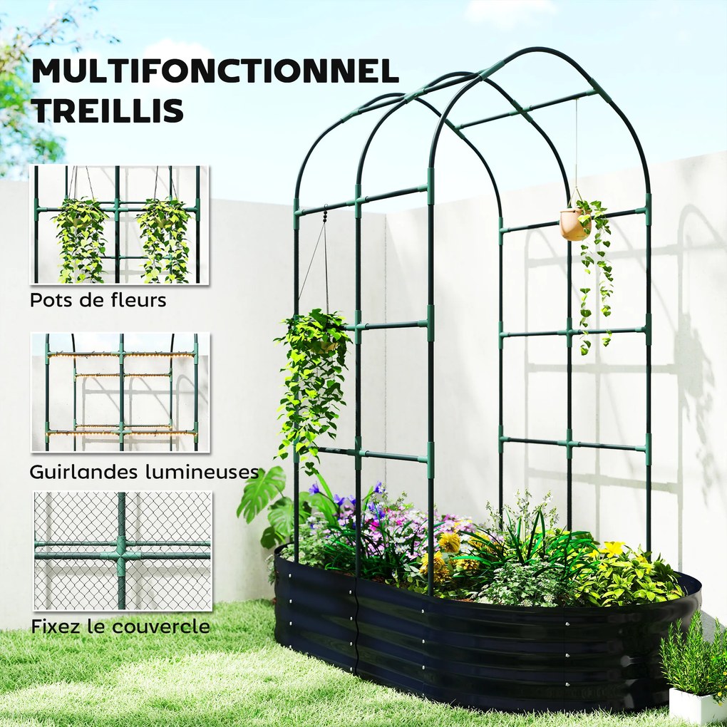 Floreira com treliça arqueada, floreira de metal com fundo aberto, luvas incluídas, 160 x 90 x 180 cm, cinzento escuro