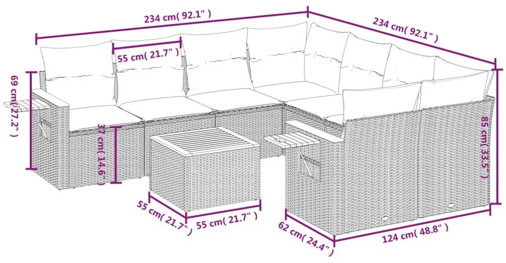 9 pcs conjunto de sofás p/ jardim com almofadões vime PE bege