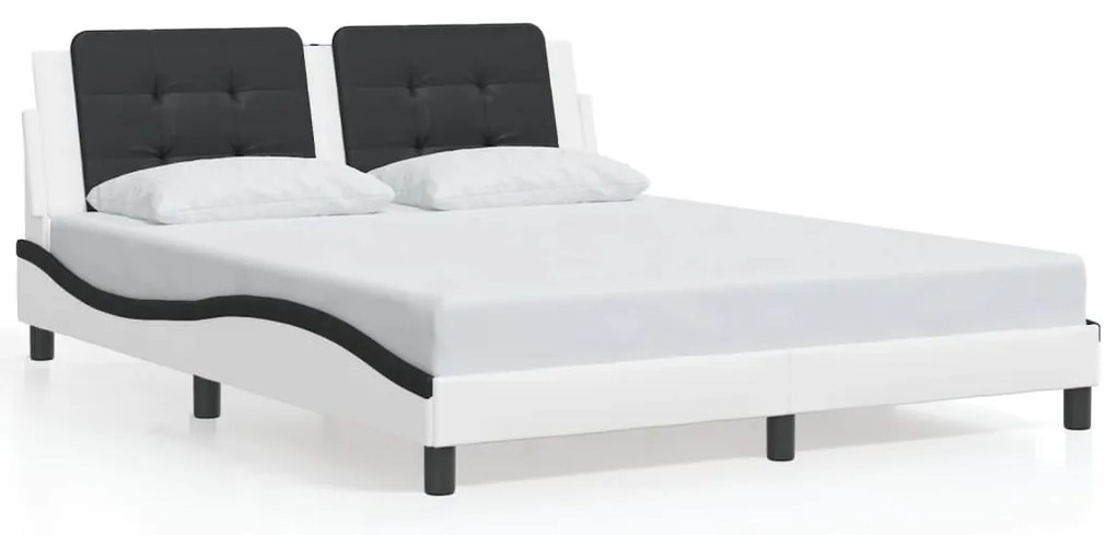 Estrutura cama c/ luzes LED 160x200cm couro artif. branco/preto