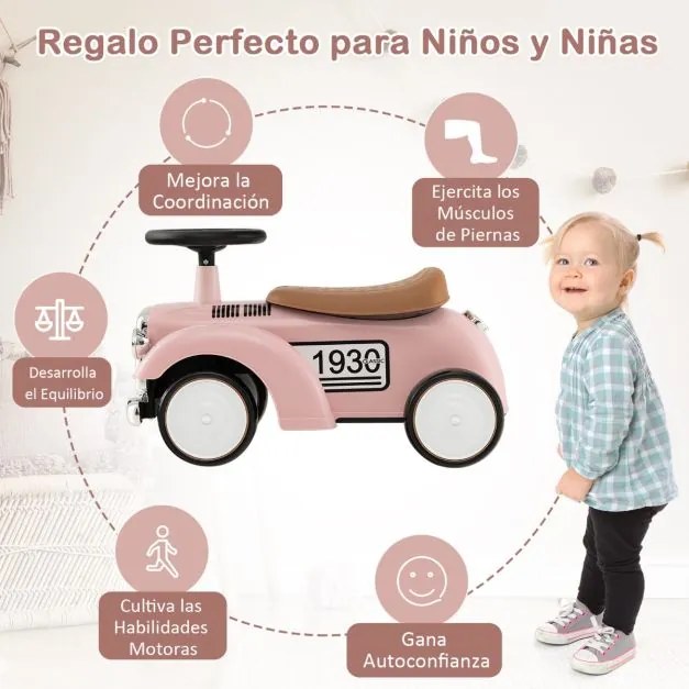 Andarilho de brincar carro retro para crianças, sem pedais, com arrumação e rodas em EVA Rosa