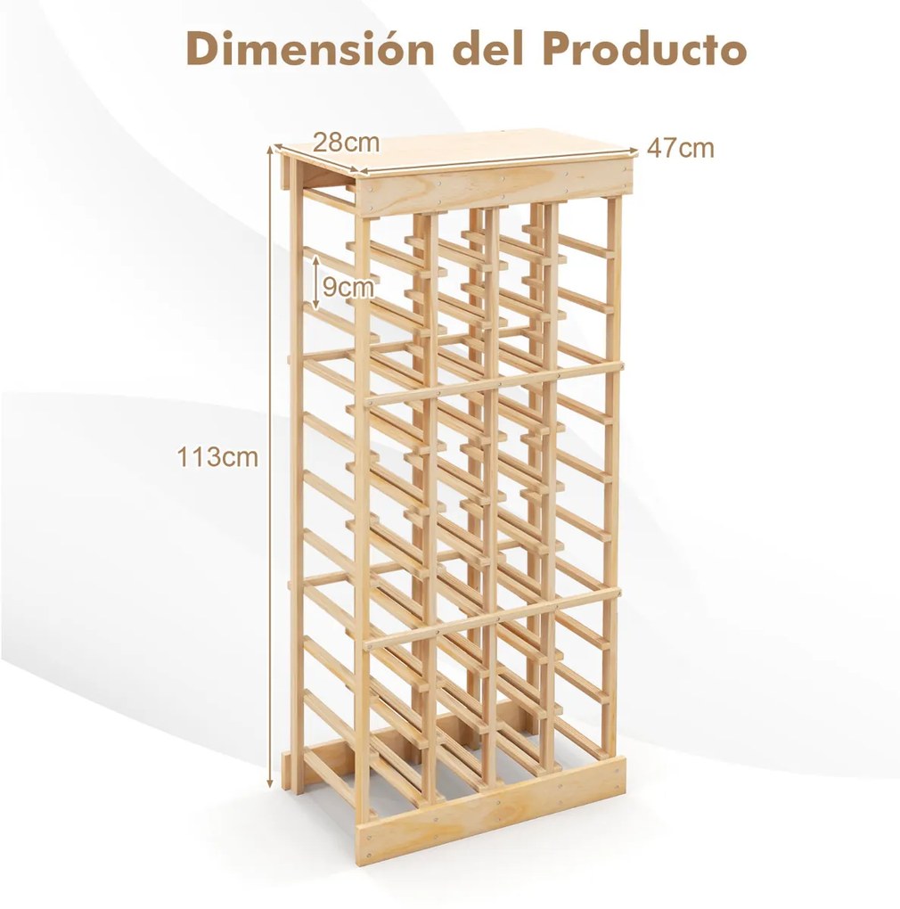 Garrafeira para vinhos de 10 níveis empilhável para 40 garrafas 750 ml Estante para vinhos em madeira de pinho 47 x 28 x 28 x 113 cm natural