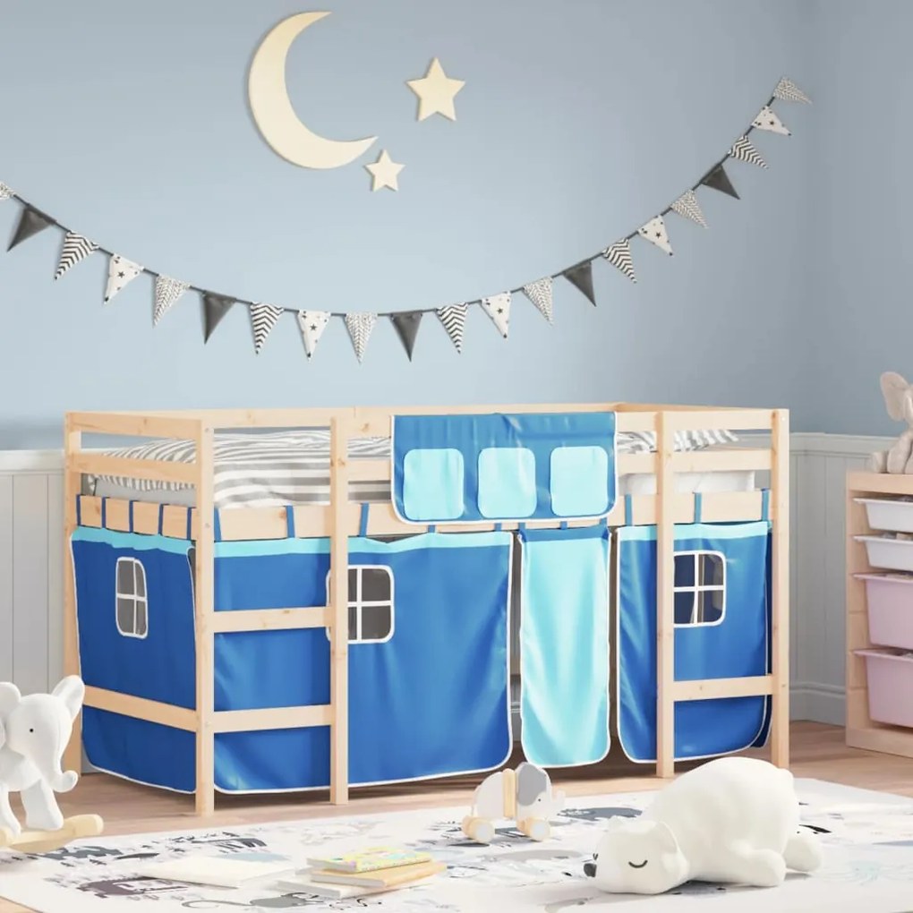 vidaXL Cama alta p/ criança c/ cortinas 80x200 cm pinho maciço azul