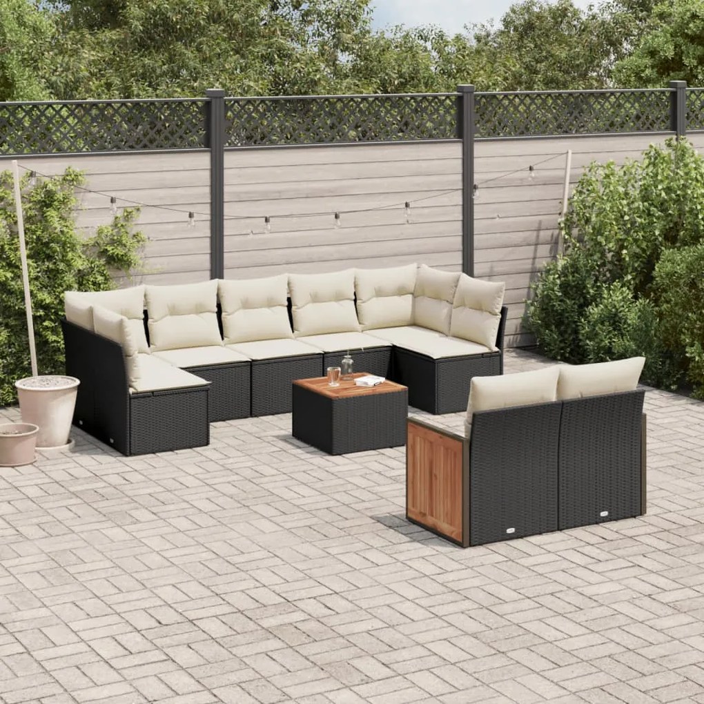 10 pcs conjunto sofás de jardim c/ almofadões vime PE preto