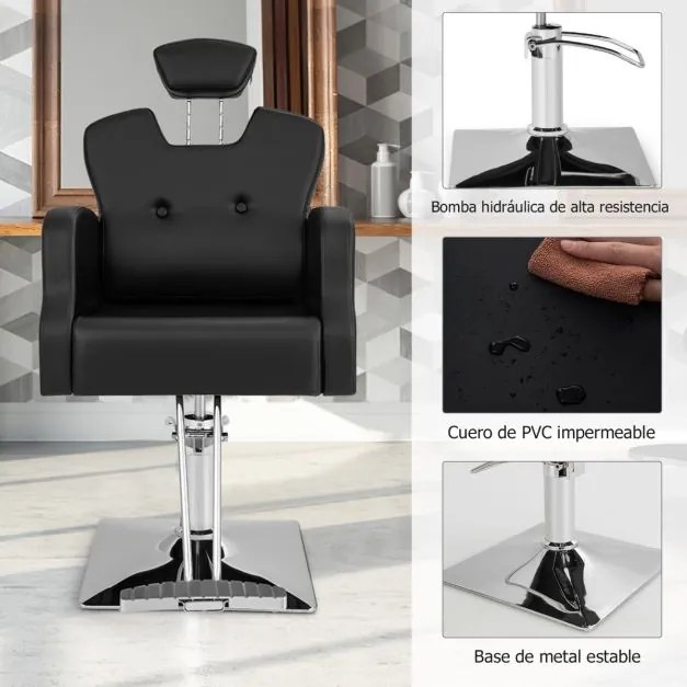 Cadeira de cabeleireiro hidráulica 99-114 cm com apoio de cabeça giratório de 360° com regulação da altura Carga 150 kg Preto