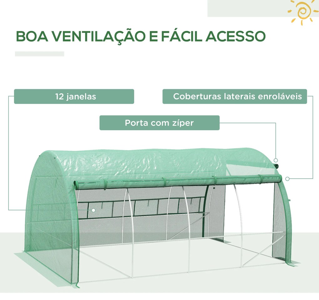 Estufa de Túnel de Jardim 397x300x200 cm com Porta Lateriais e Janelas Enroláveis Cobertura de PE 140g/m² e Metal Galvanizado Verde