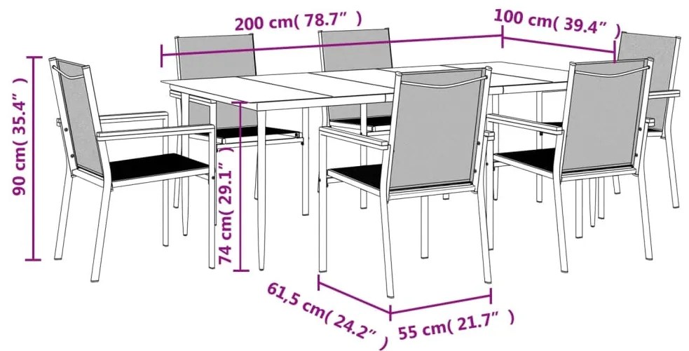 7 pcs conjunto de jantar para jardim textilene e aço preto