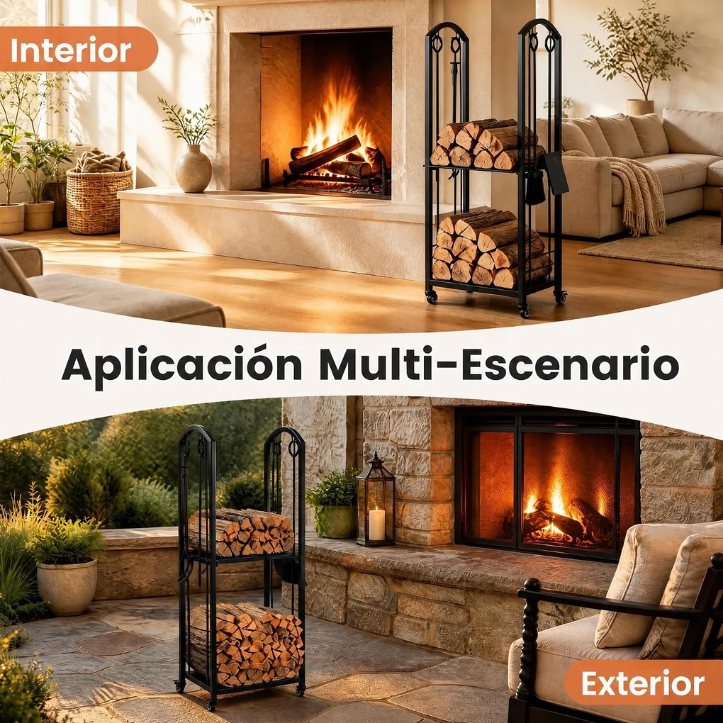 Estante Vertical para Lenha, 46 x 33 x 121,5 cm, Conjunto de Ferramentas, Preto