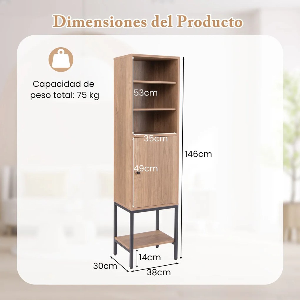 Armário de arrumação de 145 cm de altura com estantes ajustáveis com porta para sala de estar, cozinha, escritório Natural