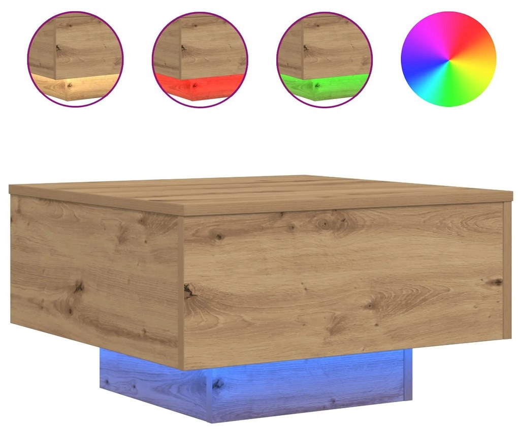 Mesa de Centro vidaXL com Luzes LED Carvalho Artesanal 55x55x31 cm