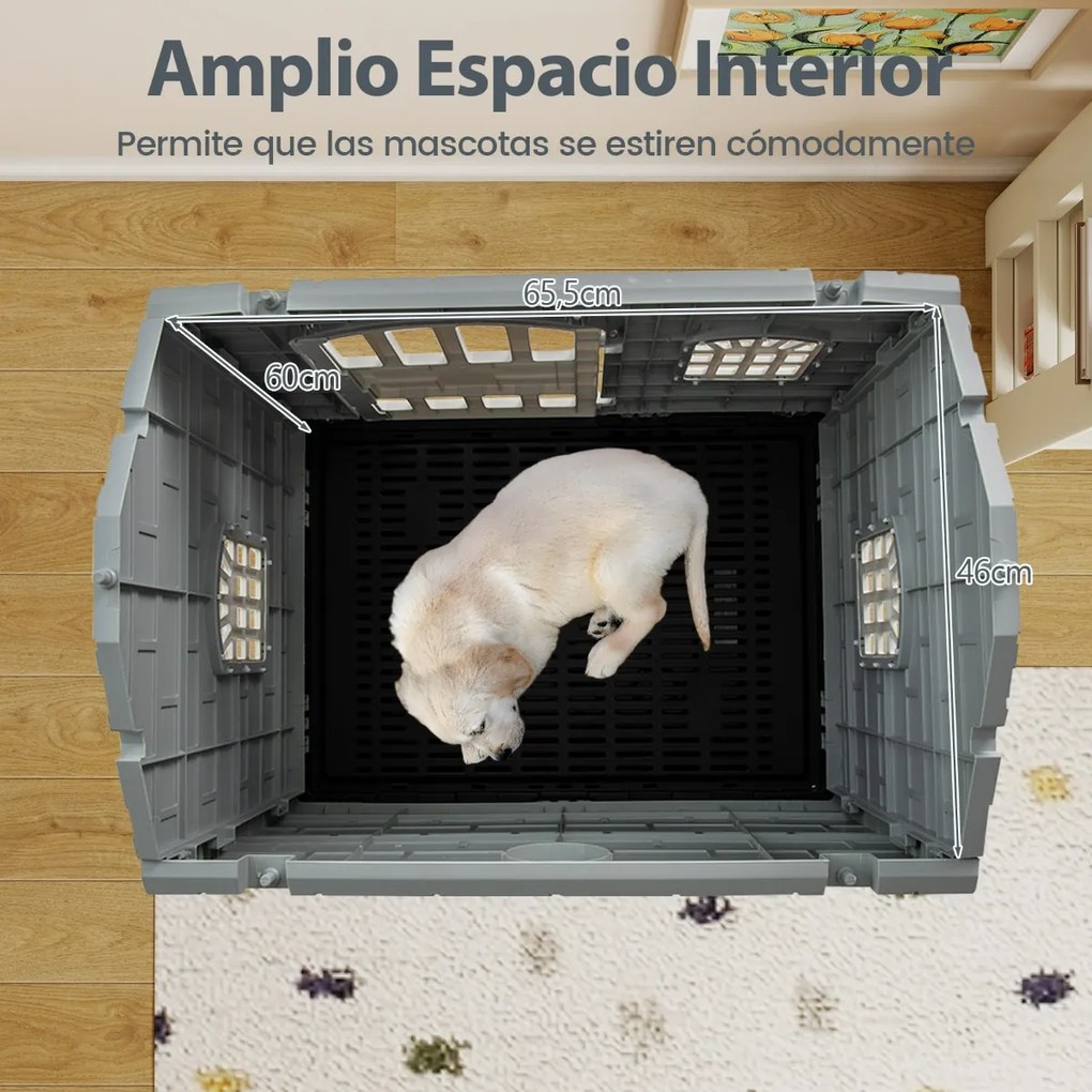 Casota dobrável 75 x 58 x 65 cm de plástico para cães resistente às intempéries para animais de estimação com bandeja sanitária Porta Cinzento escuro