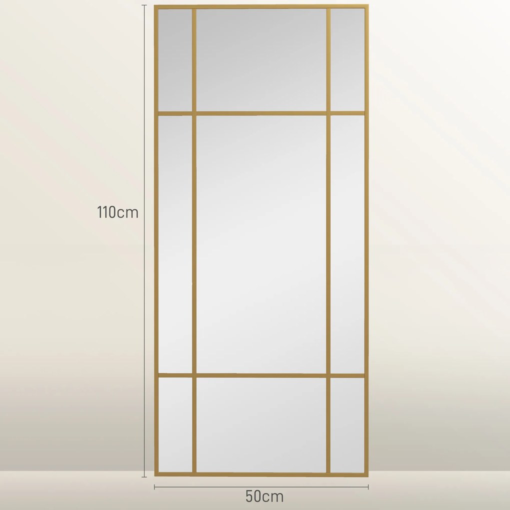 Espelho de parede retangular em estilo janela, na orientação horizontal ou vertical, com 4 ganchos, 110 x 50 cm em metal dourado