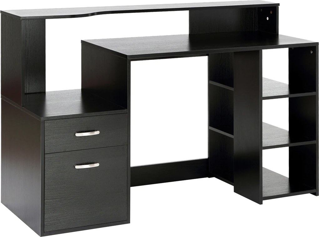 Secretária com 2 gavetas, secretária com arrumação, 137 x 55 x 92 cm, prateleiras abertas e suporte para impressora, estilo moderno, secretária para c
