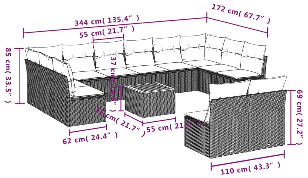 13 pcs conjunto sofás p/ jardim c/ almofadões vime PE cinzento