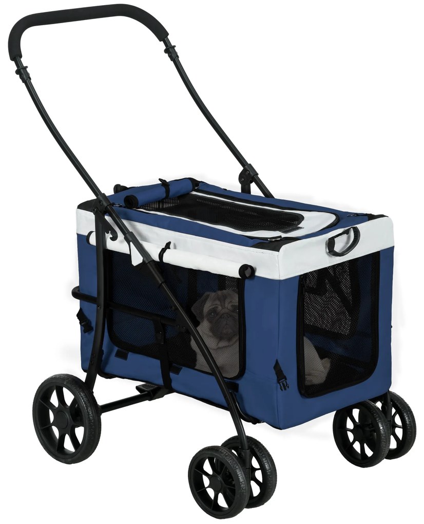 PawHut Carrinho para Animais de Estimação Carrinho para Cães Dobrável com Compartimento Desmontável 4 Portas 81x58x97,5 cm Azul | Aosom Portugal