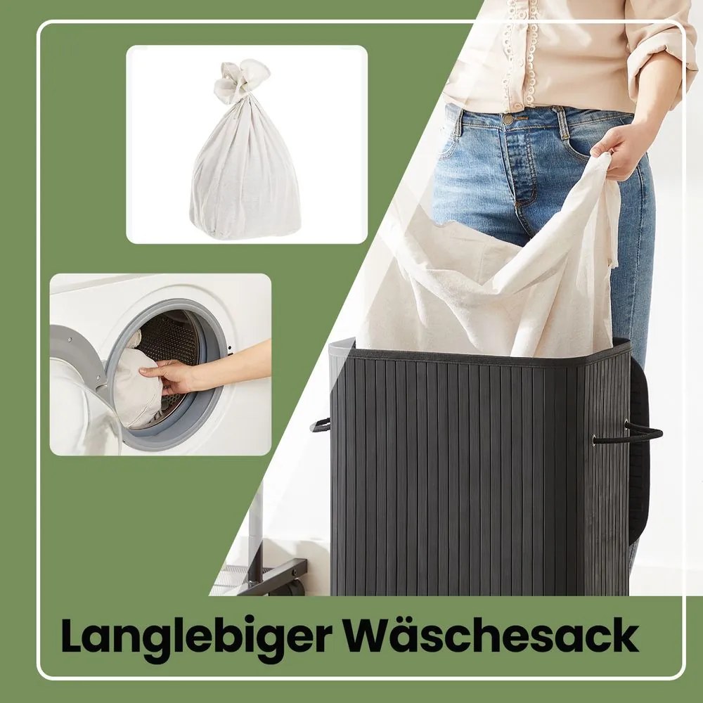 Cesto para roupa em bambu de 72 L, 40 x 30 x 60 cm preto