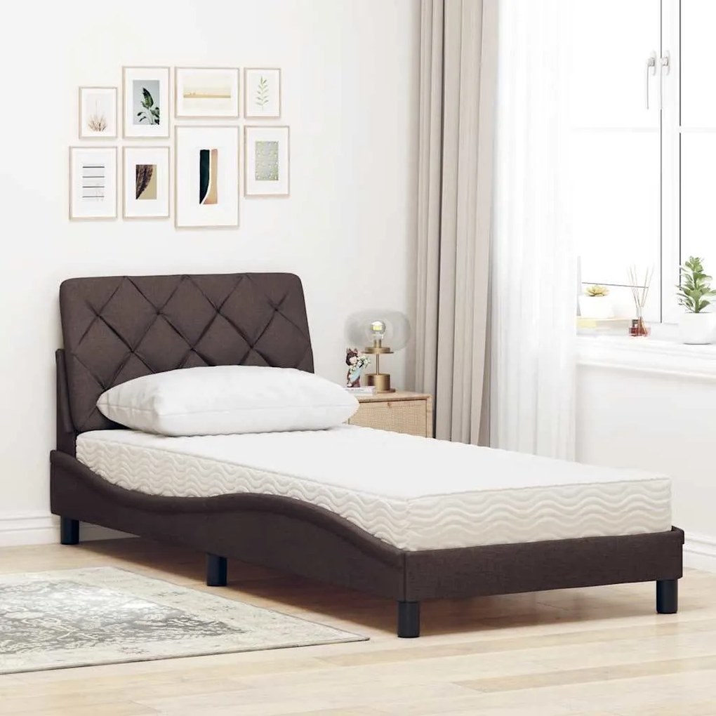 Cama com colchão 90x200 cm tecido castanho-escuro
