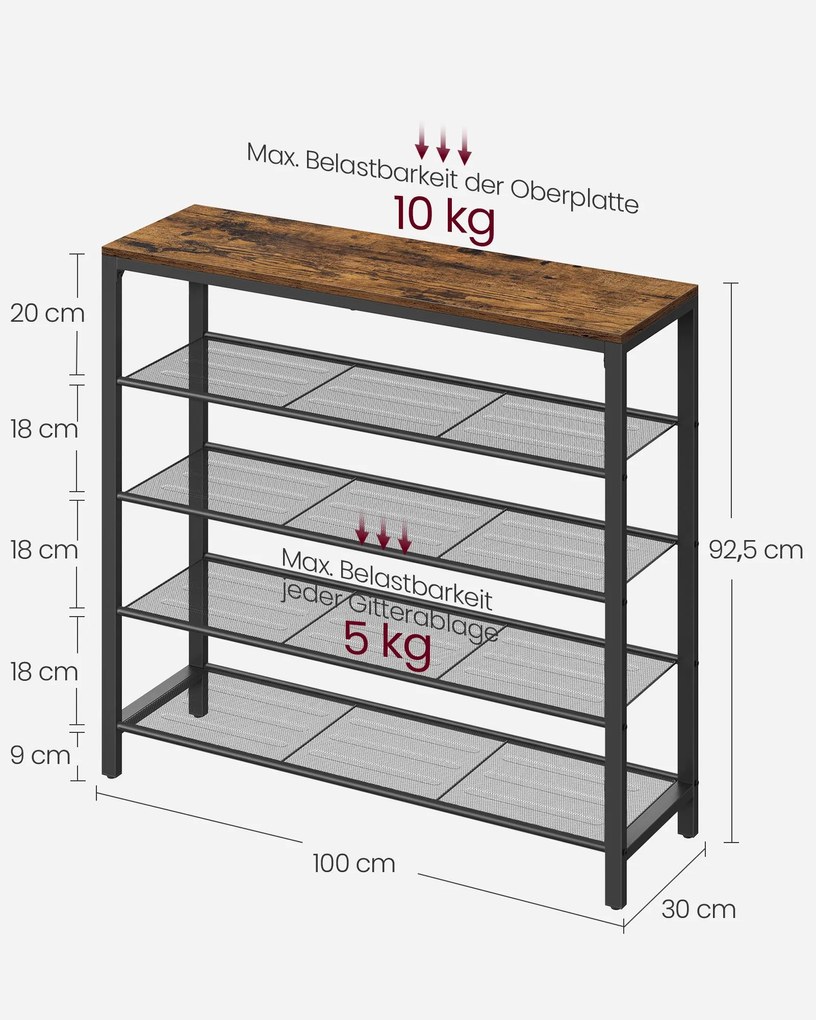 Sapateira com 4 níveis de grelha 100 x 30 x 92,5 cm Castanho vintage