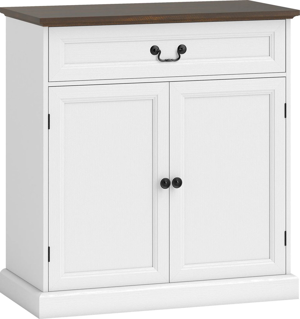 HOMCOM Aparador para sala, móvel de arrumação com 2 portas, gaveta silenciosa, prateleira ajustável, 80x40x85cm, branco e castanho | Aosom Portugal