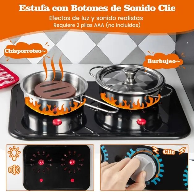 Cozinha de brincar em madeira 91 x 30 x 102 cm com máquina de gelo, fogão, máquina de lavar, forno, micro-ondas, sons e luzes reais para crianças com