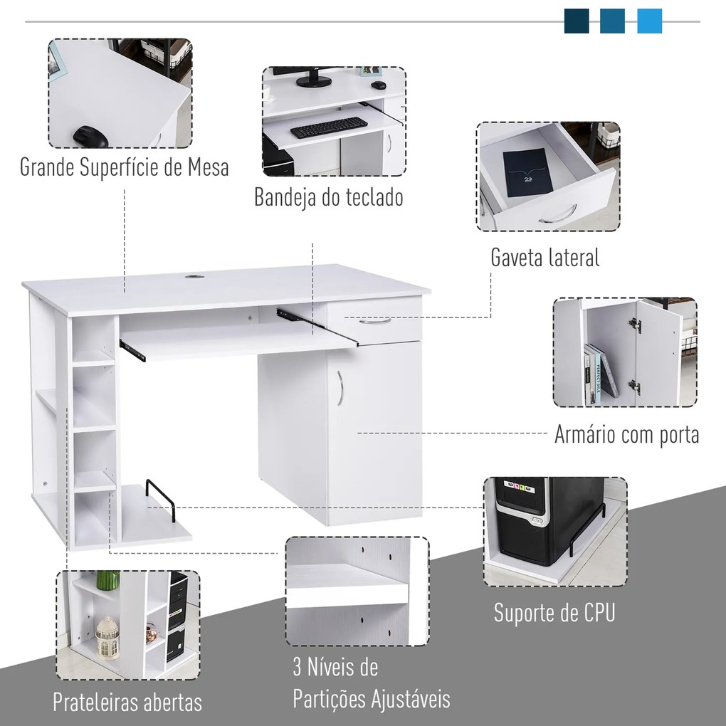 Secretária para escritório com prateleiras abertas Gabinete Suporte para CPU e bandeja removível 120x60x74 cm Branco