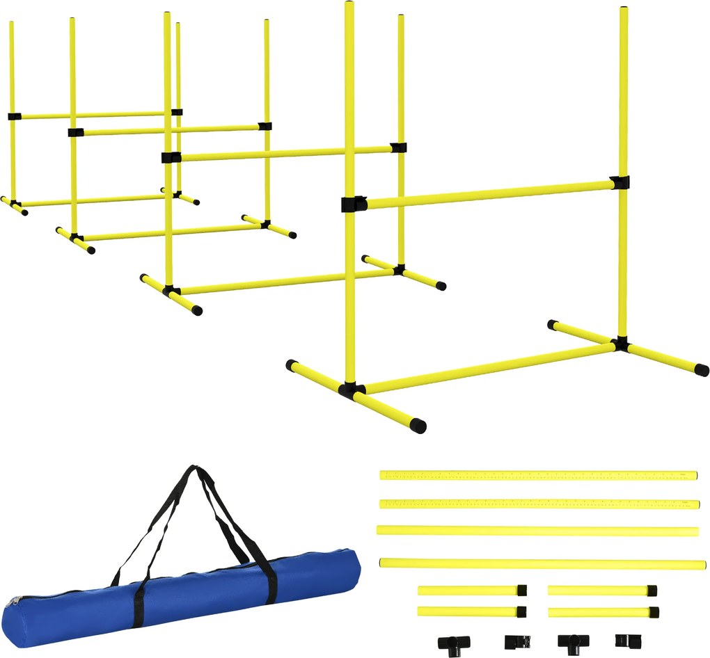 Conjunto de 4 obstáculos profissionais para agility canino, com sistema de fixação ao solo e saco de transporte incluído