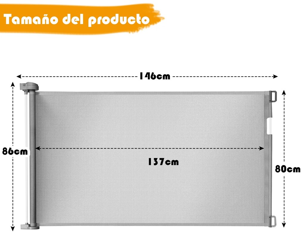Rede de Segurança Infantil Vedação Retráctil Fácil Abrir e Fechar para Corredor de Corrimãos de Entrada e Escadas 146 x 86 cm Cinza